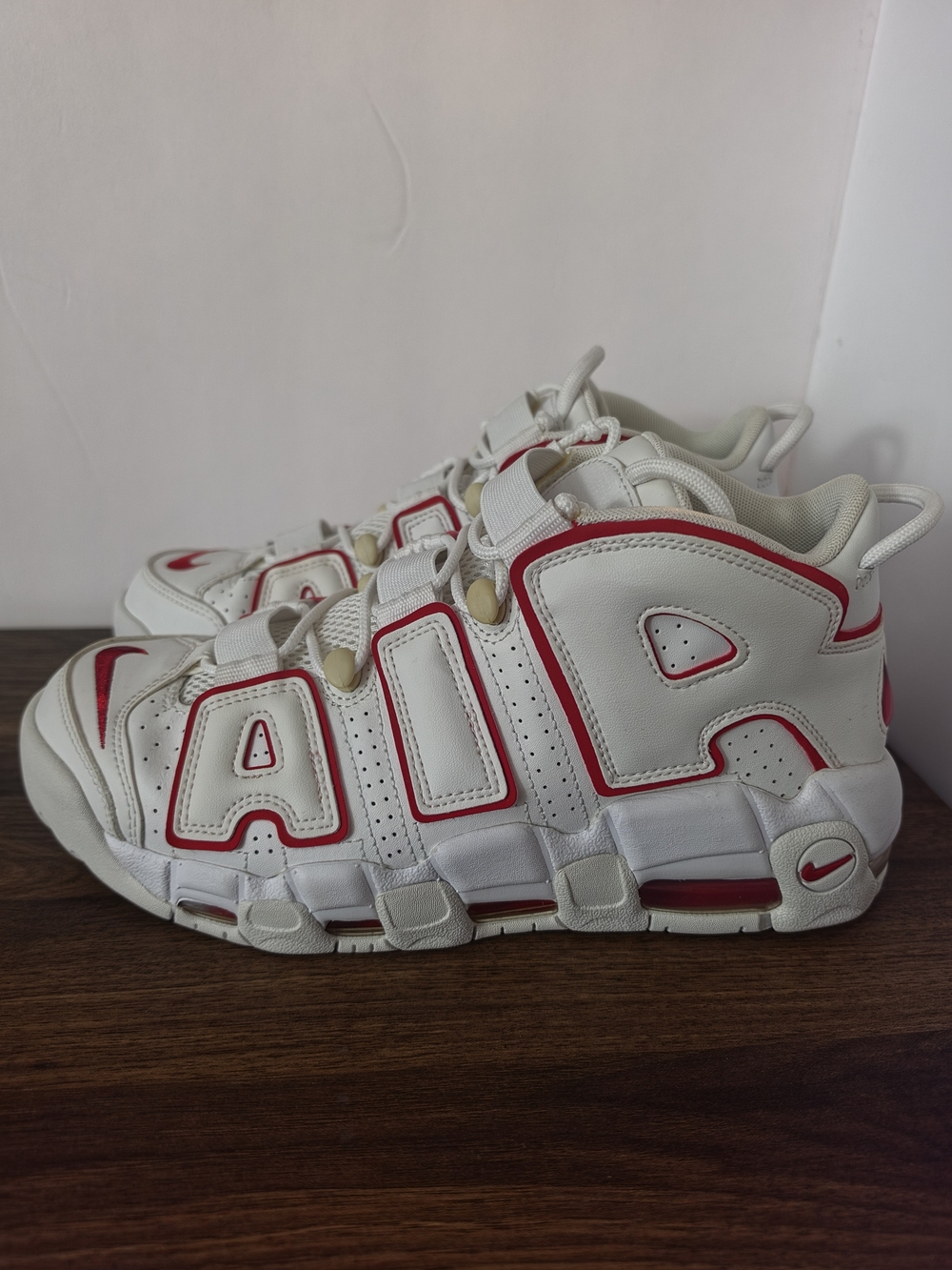 Nike White and Red AIR More Uptempo Sneakers